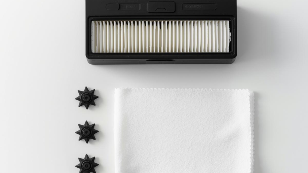 Kit de pièces détachées pour aspirateur robot Thomson : filtre HEPA, brosses latérales et lingette disposés sur fond blanc