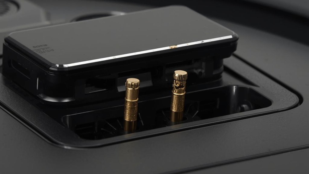 Gros plan sur la base de charge du Thomson THVC204BC avec ses contacts métalliques, éclairage de dessus