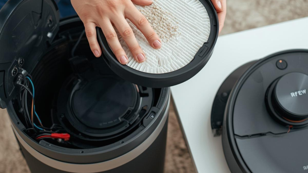 Entretien d'un aspirateur robot : remplacement de filtre HEPA et nettoyage des brosses, mains visibles