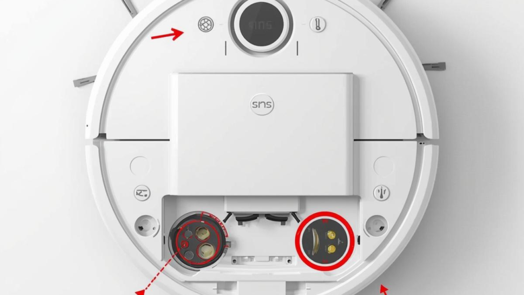 Dessous d'un aspirateur robot Rowenta, avec flèches pointant vers les capteurs de chute et les contacts de charge, style schéma annoté