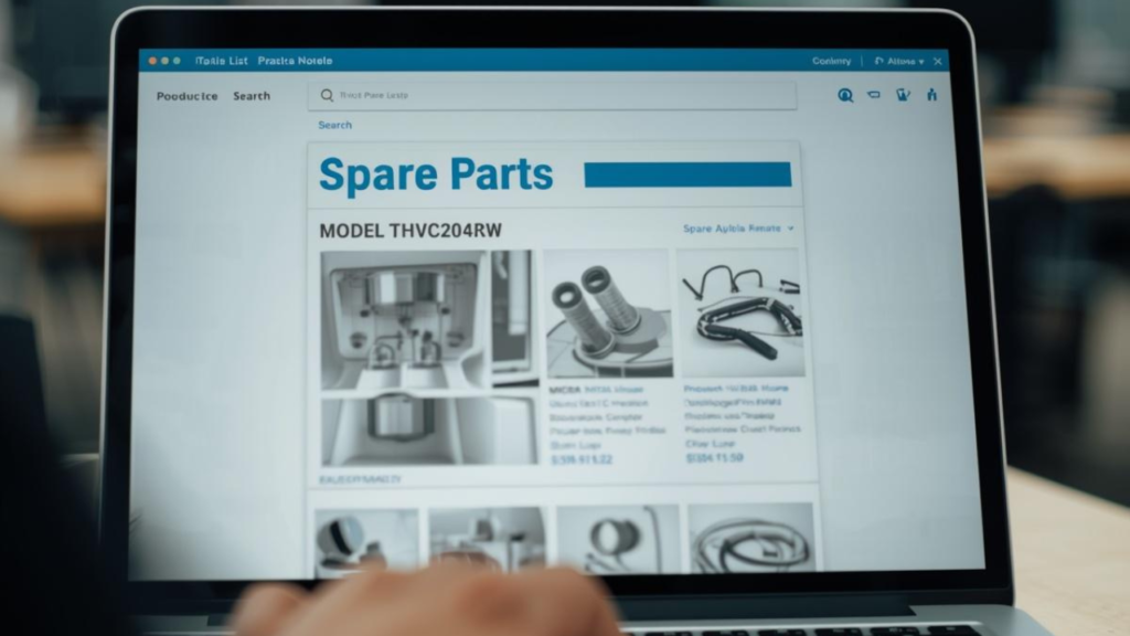 Page de résultats de pièces détachées affichée sur un écran d'ordinateur, avec le modèle THVC204RW visible, plusieurs pièces listées