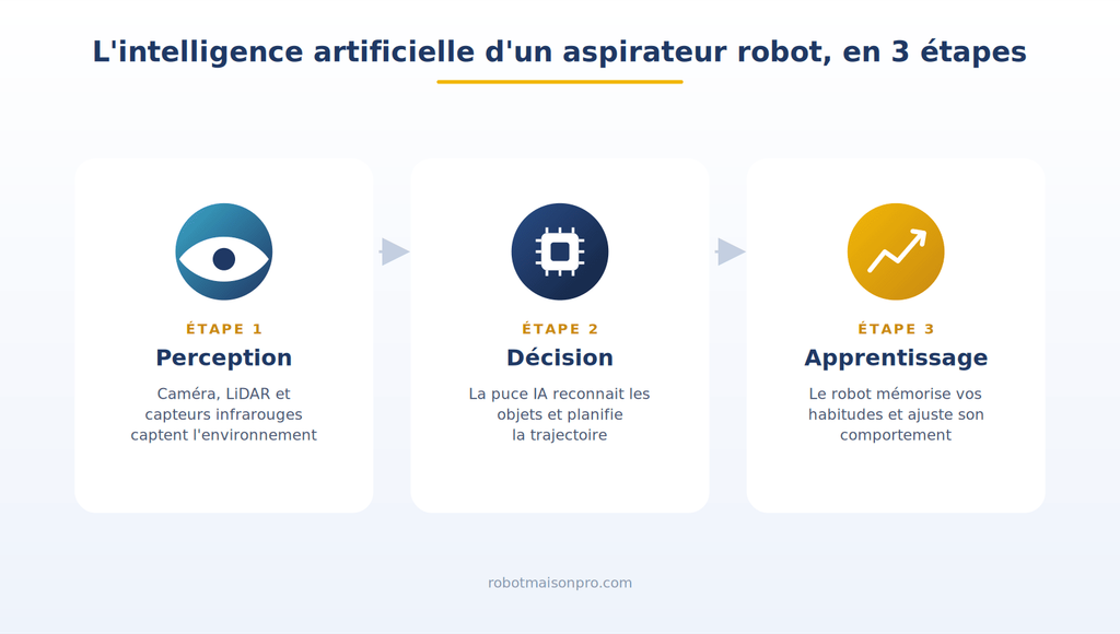 Les 3 étapes de l'intelligence artificielle d'un aspirateur robot : perception, décision, apprentissage